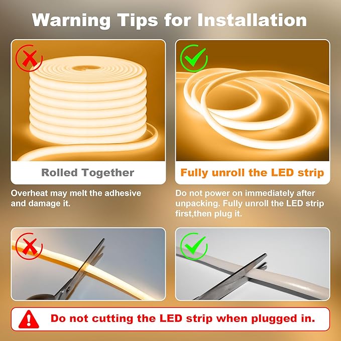 IP67 Waterproof COB LED Strip Lights AC 110V-120V Direct Plug, 66FT Super Bright Outdoor Strip Lights with Double Fuse Controller, 2700K Warm White LED Strips for Garden Patio Commercial Decor