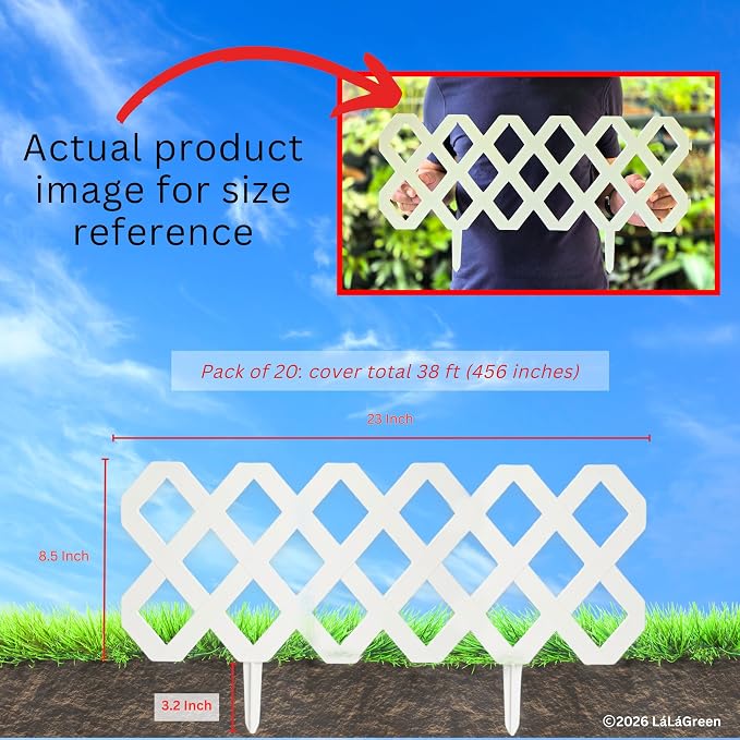 LaLaGreen Decorative Garden Edging Border (23 Inch, 10 Pack) White Plastic Fence Panels for Flower Beds Lawn Landscaping, Small Fencing Barrier Patio Paths Trees Rings Outdoor Yard Modern Style Decor