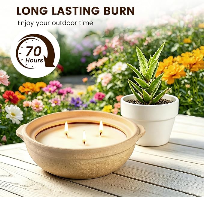 Citronella Candles Outdoor, 3-Wick Citronella Candles for Patio with Lid, Large Long Lasting Soy Wax Lemongrass Ceramic Outdoor Candle for Camping Backyard Garden Balcony Deck Indoor Home Gatherings