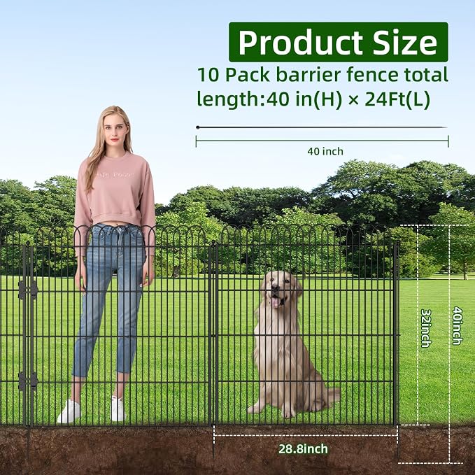 10 Panels No Dig Tall Decorative Garden Fence with Double Lock, 40 in(H) X 24 ft(L) Animal Barrier Fencing Outdoor for Yard,Rustproof Metal Garden Edging and Borders, Temporary Ground Stakes