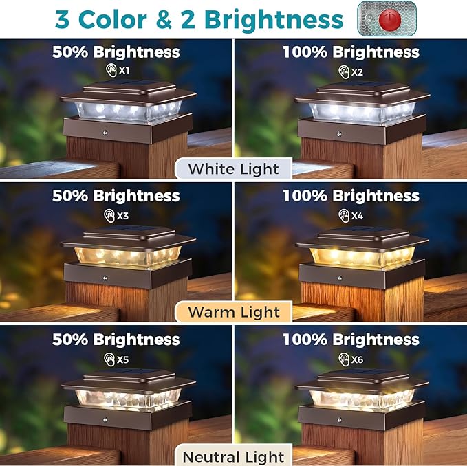 kolpop 4x4 Solar Post Cap Lights Outdoor 8Pack- 3 Color Temperatures&2 Level Brightness, IP65 Waterproof, 16 LED Fence Deck Post Light Solar Powered Only for 4×4/3.5×3.5 Wood/Vinyl Posts(Brown)