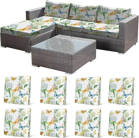 CALBODE 8 Pcs Stretch Outdoor Seat Cushion Covers, Washable Chair Seat Cover for Patio Furniture Cushions Soft Indoor and Outdoor Couch Cover Replacement (Colorful Garden, Cover Only)