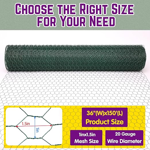 36in×150ft Chicken Wire Roll Hexagonal Netting Galvanized PVC Coated 1in Mesh Garden Poultry Fencing Barrier Animal Plants Hardware Cloth Crafts for/Rabbit/Floral/Chicken Coop/DIY Projects