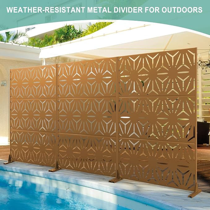 Metal Privacy Screen for Outdoor & Indoor Use, Free Standing Privacy Screen for Patio Garden Pool, 72" H x 47" W Decoative Privacy Panels, Weather Resistant, Easy Assembly (Brown Star)