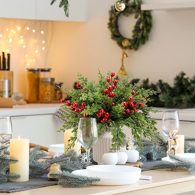 Watayo 45 Pcs Christmas Artificial Pine Branches with Red Berry Stems, 10.5" Faux Evergreen Norfolk Pine Cypress Leaves Stems, Fake Foliage Pine Needles Picks for DIY Craft Garland Home Decor