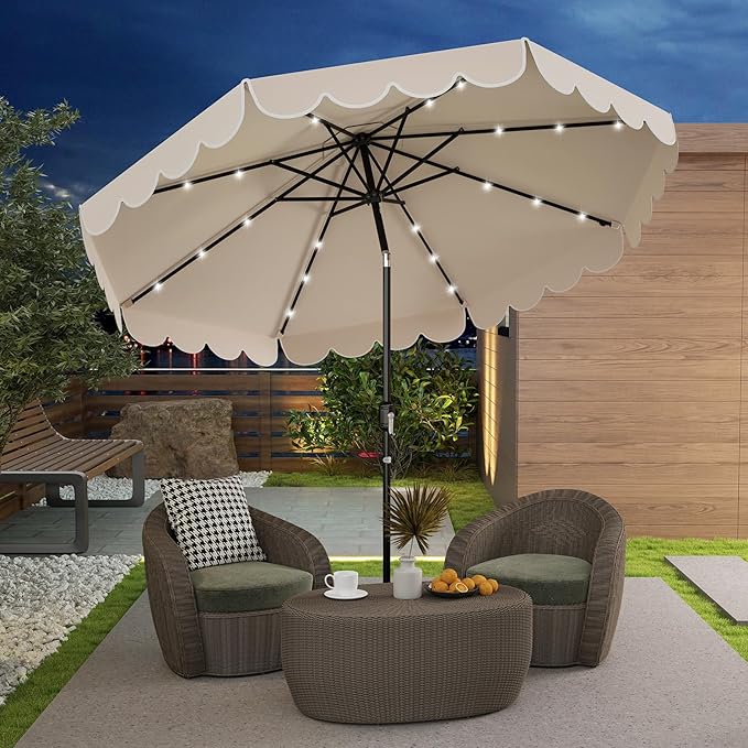Tangkula 9 FT Solar Patio Umbrella, 2-Tiers Scalloped Outdoor Table Market Umbrella with 32 LED Lights, Vented Top, Tilt Adjustment, Crank, 8 Ribs for Backyard Poolside Deck Beach Lawn (Beige)
