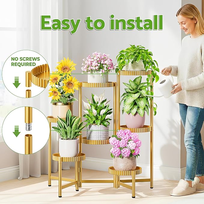 7 Tier Large Tiered Plant Stand Indoor, 7.9 Inch Wide Tall Corner Metal Plant Stands Outdoor for Multiple Plants, Flodable Tall Flower Display Holder Rack Shelf for Patio Balcony House -GoldFloroma