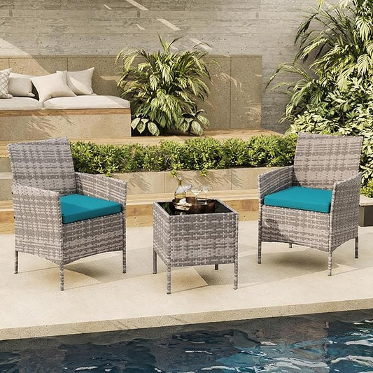 3-Piece Outdoor Furniture Set, PE Rattan Wicker Chairs with Soft Cushions & Tempered Glass Coffee Table - All-Weather Patio Set for Garden, Backyard, Porch, Poolside (Grey/Peacock Blue)