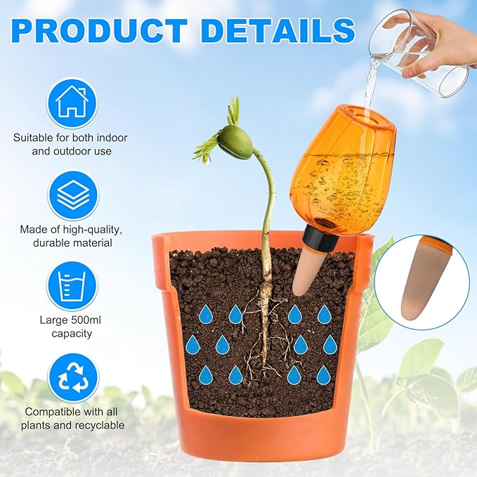 M METERXITY 3-Pack Plant Self Watering Globes, 5.1 oz Plastic Rose Water Bulbs Top Fill for Indoor/Outdoor Plants, Self Watering Spikes Slow Release Terracotta [Orange]