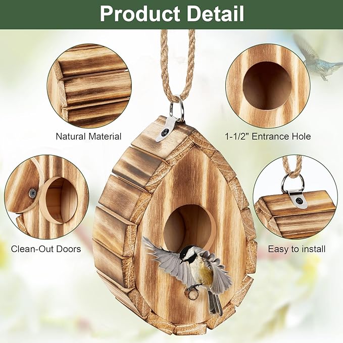 NATUREYLWL Hummingbird House for Outside - Natural Wooden Birdhouse for Bluebirds, Finches, Cardinals - Small Hanging Bird Nesting Box for Garden, Patio, or Yard - 5.9" D x 4.1" W x 3.8" H