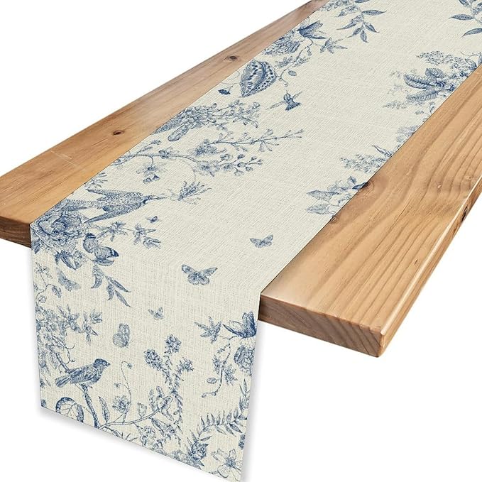 Blue Floral Table Runner, Retro Seasonal Watercolor Spring Wildfloral Flower Birds Boho Rustic Coffee Table Center Decor for Family Kitchen and Dining Farmhouse Party Table Decorations, 13"x36"