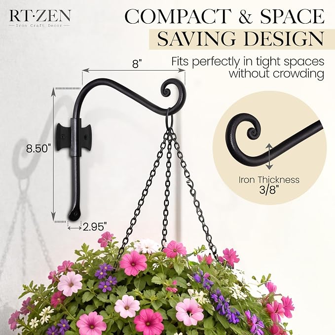 RTZEN Plant Hangers Outdoor or Indoor - Wrought Iron Metal Hanger Indoor Hook - Heavy Duty Wall Bracket Hooks for Hanging Plants Baskets Lanterns Bird Feeders - 2 Pack (Black Axe-Shape Hooks 7.5")