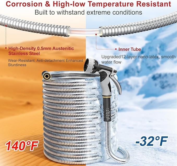 Lefree 150ft Stainless Steel Garden Hose - No-Kink Leak-Proof Crush Resistant, with Upgraded Protective Rubber Sleeve, 10-Function Nozzle for Lawn Care, RV Camp, Long-Distance Yard Watering