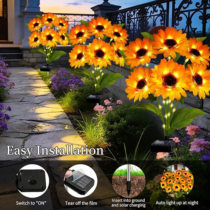 Solar Garden Lights Outdoor, 6 Pack Solar Sunflower Lights with 36 Head 3.4 Inch Flowers, Waterproof Flowers Light Fall Thanksgiving Decorations for Garden Yard Patio Backyard, Gifts for Mom Women