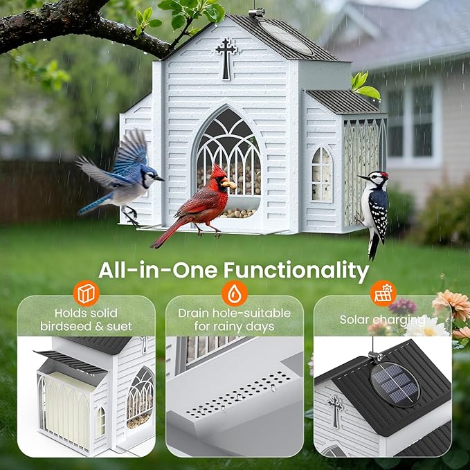 Church-Shaped Metal Bird Feeder with Solar Light - Hanging Outdoor Feeder, 5 LB Large Capacity & Bird Suet Design, Weatherproof, Garden/Yard/Deck Decor & Unique Gift for Christmas & Mother's Day