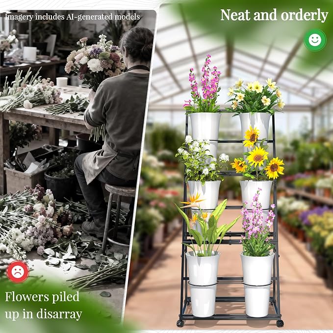 Black Tiered Flower Display Stand with 6 Buckets, Rolling 3-Tier Floral Cart for Florists, Markets & Events, Mobile Flower Presentation Rack for Shop, Patio or Wedding Setup