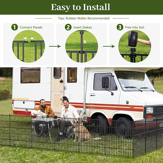 10 Panels No Dig Decorative Outdoor Garden Fence with Gate for Yard, 24 in(H) X 20 ft(L) Animal Barrier Fencing Rustproof Metal Wire Panel Border for Dog, Rabbits, and Patio Temporary Ground Stakes