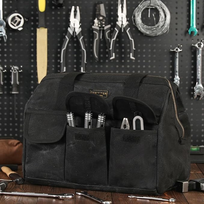Heavy-Duty 16oz Waxed Canvas Tool Tote with Zipper, Multi-Purpose Organizer Tool Bag with 15 Pockets | 15"L X 7.8"W X 11.5"H