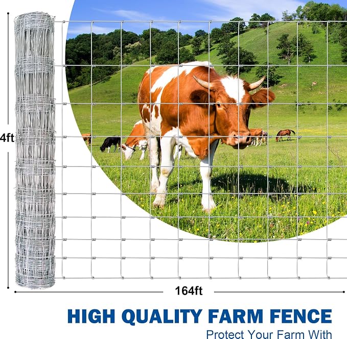 Farm Fence, 4ft x 164ft Galvanized Wire Fencing with Heavy Zinc Coating, Woven Hog Wire Fence for Cattle, Deer, Sheep, Goat, Livestock & Animals Protection, Fencing for Yard, Cattle Panel