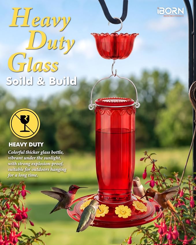 iBorn Hummingbird Feeders for Outdoors Hanging with Ant Moat for Hummingbird Feeder Glass 8 Ports for 16oz Humming Bird Nectar,Yellow Flowers Red Glass, Pack of 1