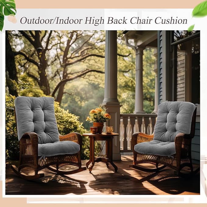 Juexica 4 Set Outdoor Patio Chair Cushions Corduroy Seat High Back Tufted Pillow Replacement Rocking Patio Chair Pads for Outdoor Indoor Home Office (Gray)