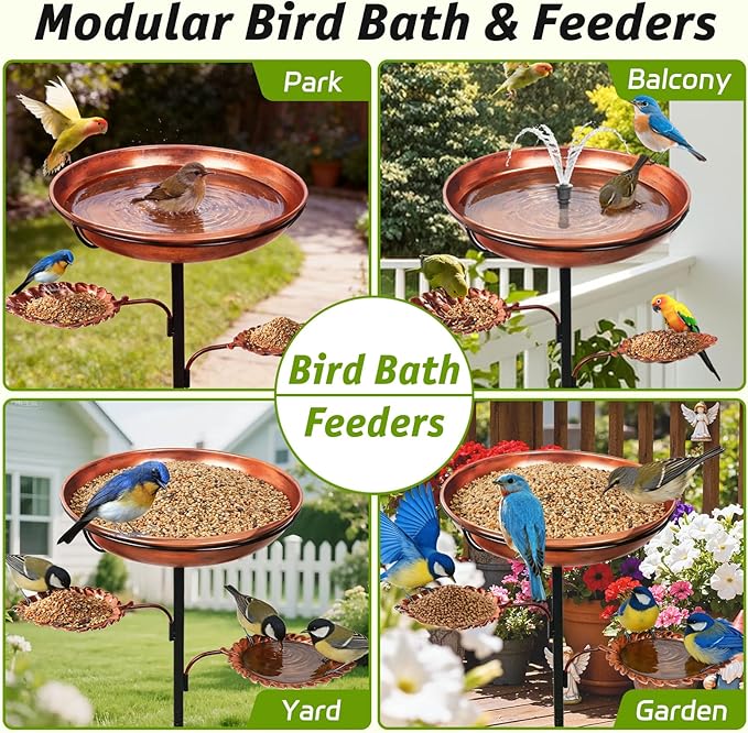 DRQ 35'' Metal Bird Bath for Outside, 12'' Dia × 2'' Deep Birdbath Bowl, Bird Feeder with 6.5'' 5-Pronged Base for Garden Decor, Patio, Yard, Lawn – Vintage Brown