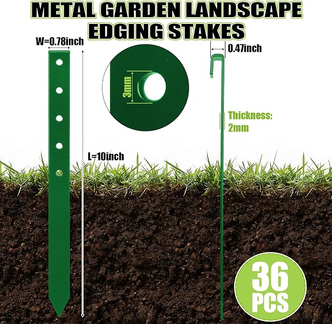 Fumete 36 Pcs 10'' Metal Landscape Stakes Bulk Garden Ground Edging Spikes with Holes Heavy Duty Anchoring Spike Carbon Steel Lawn Stake for Flowerbed Edging Grass Board Barrier Yard(Green)