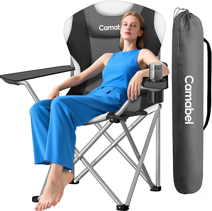 Camabel Folding Camping Chairs Oversized Heavy Duty 400 LBS Sturdy Beach Chair Portable Outdoor Lawn Chairs High Padded Back with Cup Holder Carry Bag for Sporting Hiking Picnics Fishing Concerts Grey