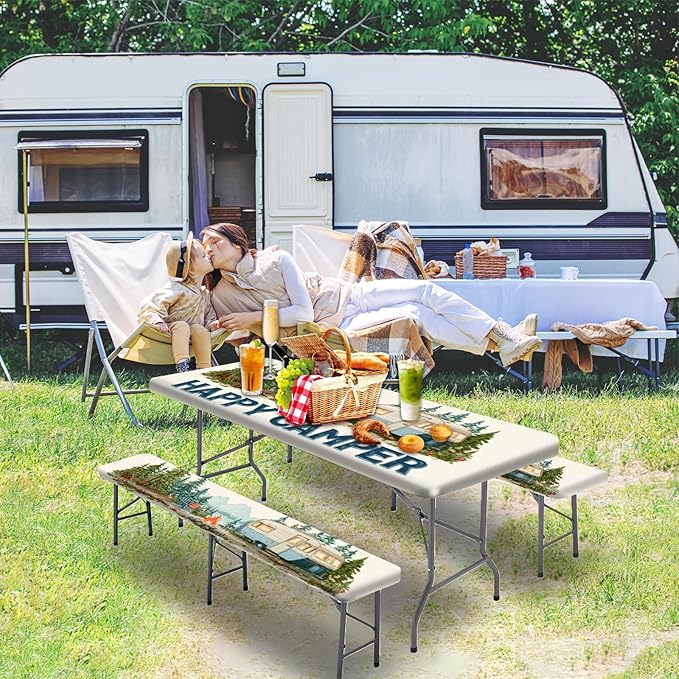 Picnic Table Cover with Bench Covers, Camping Essentials, Fitted Camping Tablecloth with Bag, Waterproof and oilproof with elastic Edge for Indoor Outdoor Patio, 72in (Forest RV)