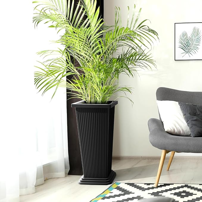 24in Tall Planters Set of 2 with Saucers, Black Stripe | Built-in drainage system, Durable composite plastic, Fade-resistant design, Weather Resistant, Patio & porch decor