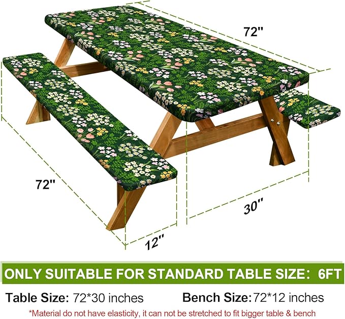 Play Tailor Picnic Table Cover with Bench Covers Camping Essentials Waterproof Windproof Camping Tablecloth with Drawstring Bag, Fitted Rectangle Tables and Seats, 72in, Green Pink