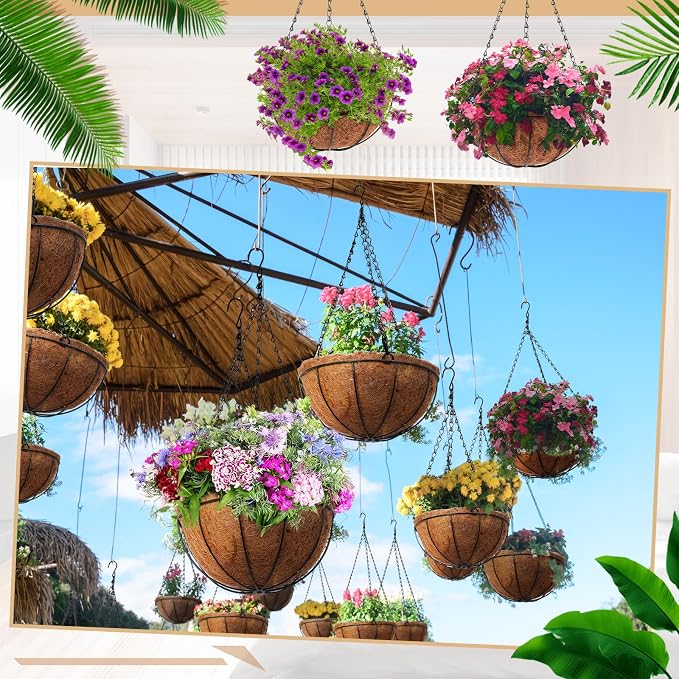 Dandat 1 Piece 14 Inch Metal Hanging Planter Basket with Coconut Coir Liner Metal Wire Plant Holder Chain Watering Outdoor Hanging Pots Flower Pot Hanger for Porch Indoor Outdoor Garden Decorations