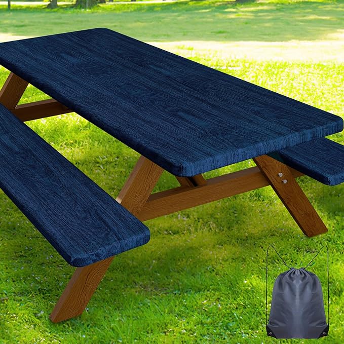 Smiry Picnic Table Cover with Bench Covers, Waterproof Elastic Fitted Tablecloth for 5 Foot Tables, Washable Polyester Tablecloths for Camping, Indoor & Outdoor (Navy & Black, 30x60 Inch 3-pc Set)