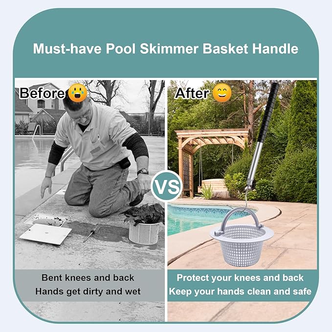 Pool Skimmer Basket Hook, 22 Inch Stainless Steel Pool Skimmer Handle, Skimmer Basket Handle, Pool Basket Lid Lifting Hook with Anti-Slip Handle for Inground Pools Skimmer Basket Debris Removal