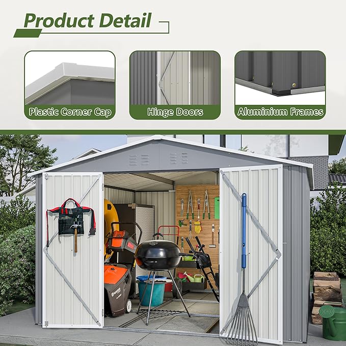 YOPTO 10×10 FT Outdoor Storage Shed,Metal Aluminum Waterproof Tool Sheds with Foundation,Doors & Vents,Heavy-Duty Sheds Unit W/Lock & Key,for Storing Bicycles,Lawnmowers,Barbeques,Gray
