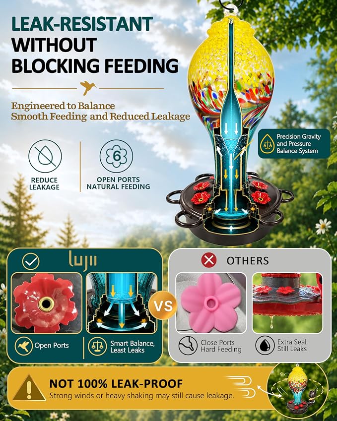 LUJII Smart Hummingbird Feeder with Camera for Outdoor Hanging, Hand Blown Glass, Solar WiFi Feeder with Live View App, 6 Feeding Ports, Leak-Resistant Design, Ant Moat & Gift Box, 36 fl oz, Yellow