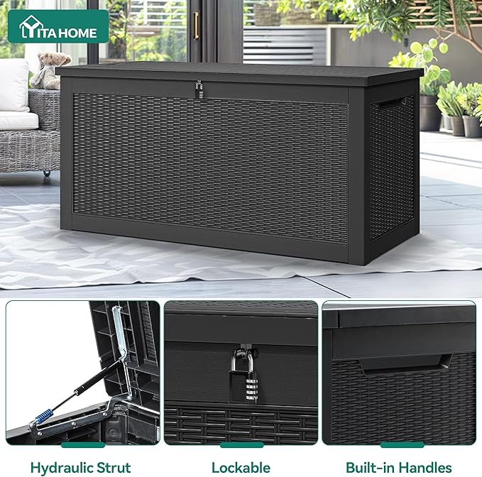 YITAHOME 320 Gallon XXL Large Deck Box, Outdoor Resin Storage Box, Lockable Storage Container for Patio Cushions, Furniture, Garden Tools, Water Resistant (Black)
