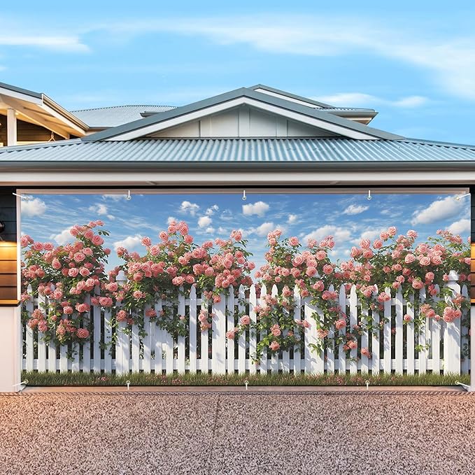 7 * 16FT Summer Garage Door Cover Decorations Sunset Palm Trees Garage Door Banner for Outdoor Indoor Summer Party Photography Backdrop (rose, 7 * 16 ft)