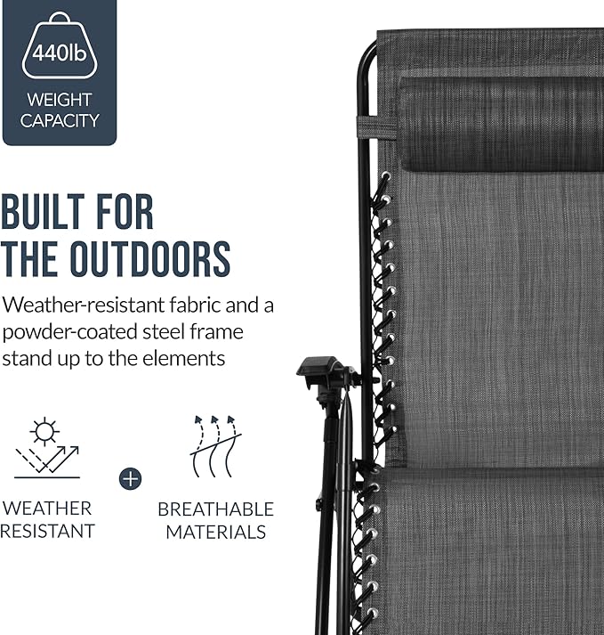 Best Choice Products Set of 2 Extra Wide Adjustable Steel Mesh Zero Gravity Lounge Chair Recliners w/Pillows and Cup Holder Trays - Gray