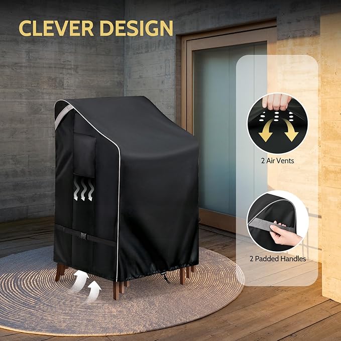 COSFLY Stackable Patio Chairs Covers Waterproof, Outdoor Furniture Covers Heavy Duty for 4-6 Stacking Chairs 1 Pack - Fits up to 28w x 36D x 47H inches (Black)