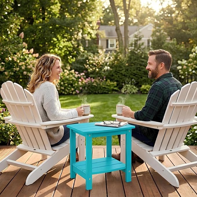 Y&M Outdoor Side Table, HIPS Adirondack Small Double Layer Table, Waterproof Square Balcony Modern End Tables for Patio, Pool, Beach, Porch, Deck, Indoor or Outdoor Use, Aruba Blue