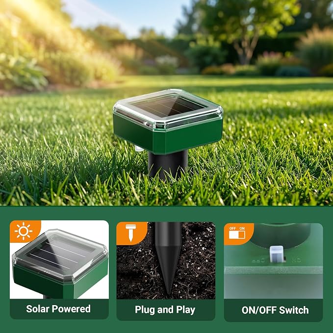 8 Pack Solar Mole Repellent, 2026 Upgraded Ultrasonic Gopher Deterrent Stakes, IP65 Waterproof Sonic Vole Groundhog Snake Control for Lawn Garden Yard Farm
