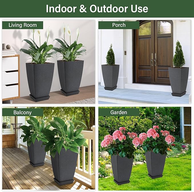 Neoaider Set of 2 Tall Planter, 21 inch Large Plastic Planter with Drain Hole & Saucers, Large Outdoor Planters for Porch, Garden, Patio, Balcony(Cement Gray)