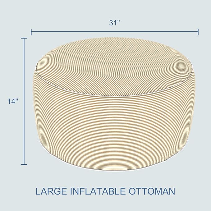 LVTXIII Indoor/Outdoor Large Inflatable Ottoman Pouf D31 x H14 Inch, Round Footstool with Handle, Weather-Resistant Portable Furniture for Patio, Camping, Beach, Stripe Beige