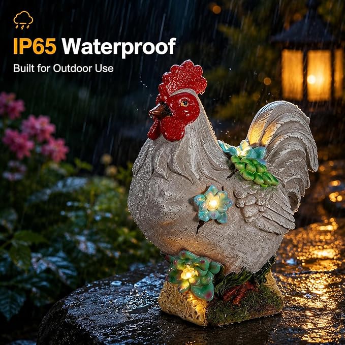 mocosa Solar Garden Statues Gray Rooster and LED Lights Birthday Gifts for Women Mom Grandma Solar Outdoor Cat Decor for Outside,Outdoor Solar Lights for Yard, Garden and Patio, Unique Gift for Women