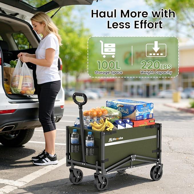 Blomoba Collapsible Wagon Cart, 220LBS Heavy Duty Collapsible Wagon with All-Terrain Wheels 360° Rotation, Flexible Handle, Portable Utility Cart for Grocery Sports Garden Shopping Camping Beach,Green
