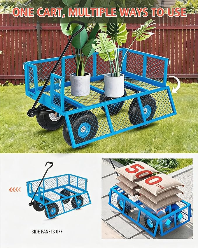 Garvee Steel Garden Cart, 500 LBS Capacity Utility Outdoor Wagon, Heavy Duty Mesh Garden Metal Wagon with Removable Sides, Flexible Handle and 10" Tires for Yard, Lawn, Garden