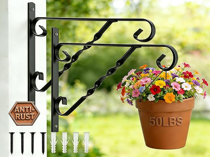 AMAGABELI GARDEN & HOME 2 Pack Hanging Plant Brackets Outdoor 12" Metal Fence Wall Plant Hanger Hooks for Hanging Flower Baskets Bird Feeders Lanterns Wind Chimes Rust-Resistant Black