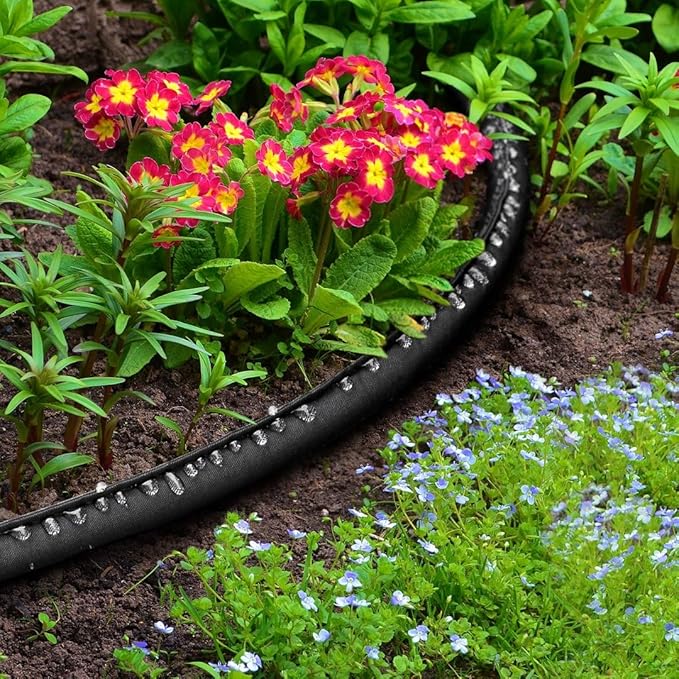LAVEVE Heavy Duty Flat Garden Soaker Hose 100FT, Flexible Water Hose Irrigation Tubing, Leakproof Drip Hose Watering for Garden, Lawn, Flower Bed, Vegetable (50FT x 2Pack)