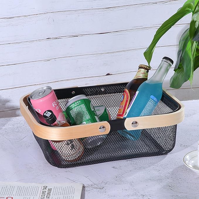 AJIODA Metal Mesh Steel Basket, Storage Organizer Basket Garden Harvest Basket Multi-functional Kitchen Fruit Baskets Bin with Wooden Handle for Bathroom Picnic Shopping Decor Cabinet Home, Black